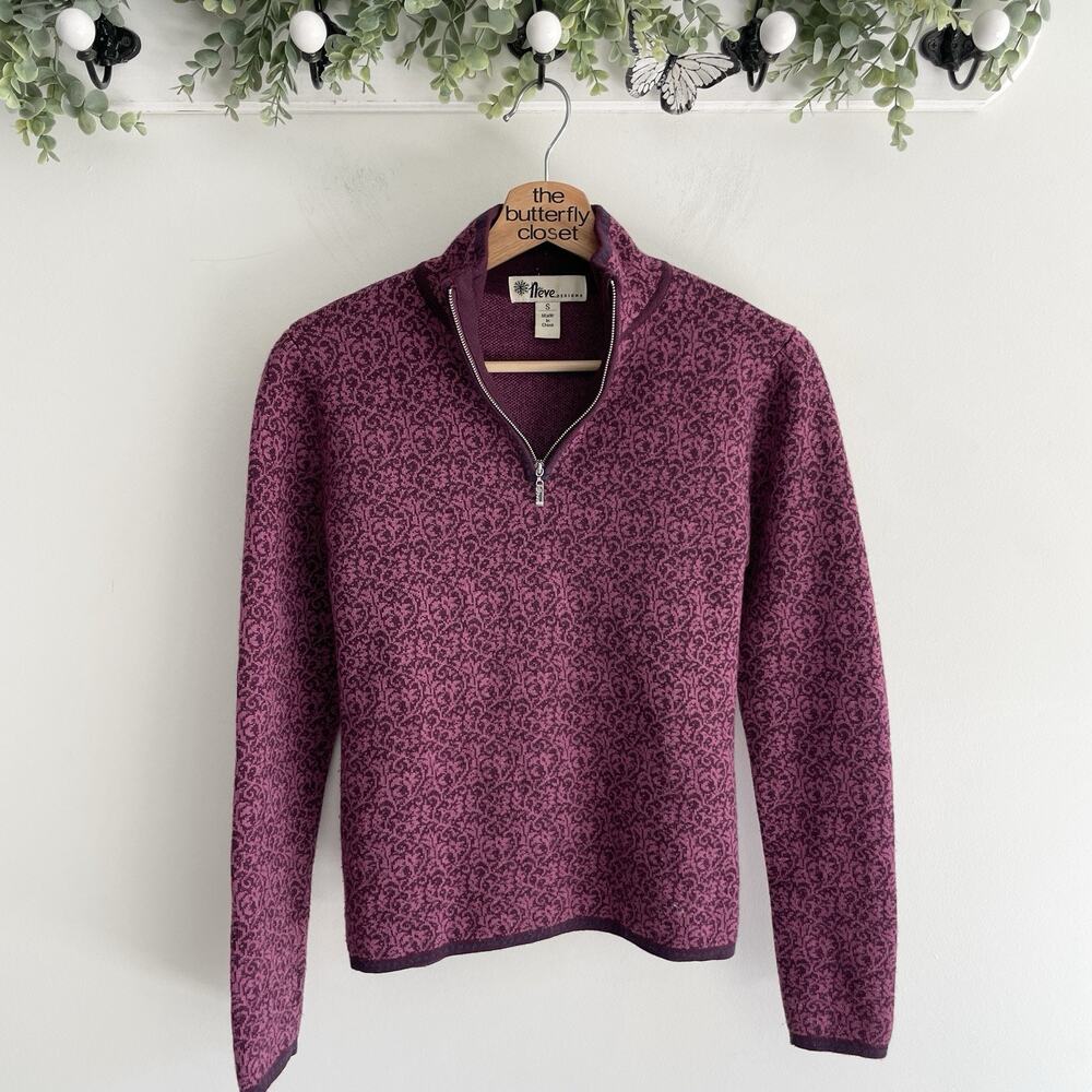 Neve Purple Floral Long Sleeve 1/4 Zip Knit Wool Fleece Size S #9-4917